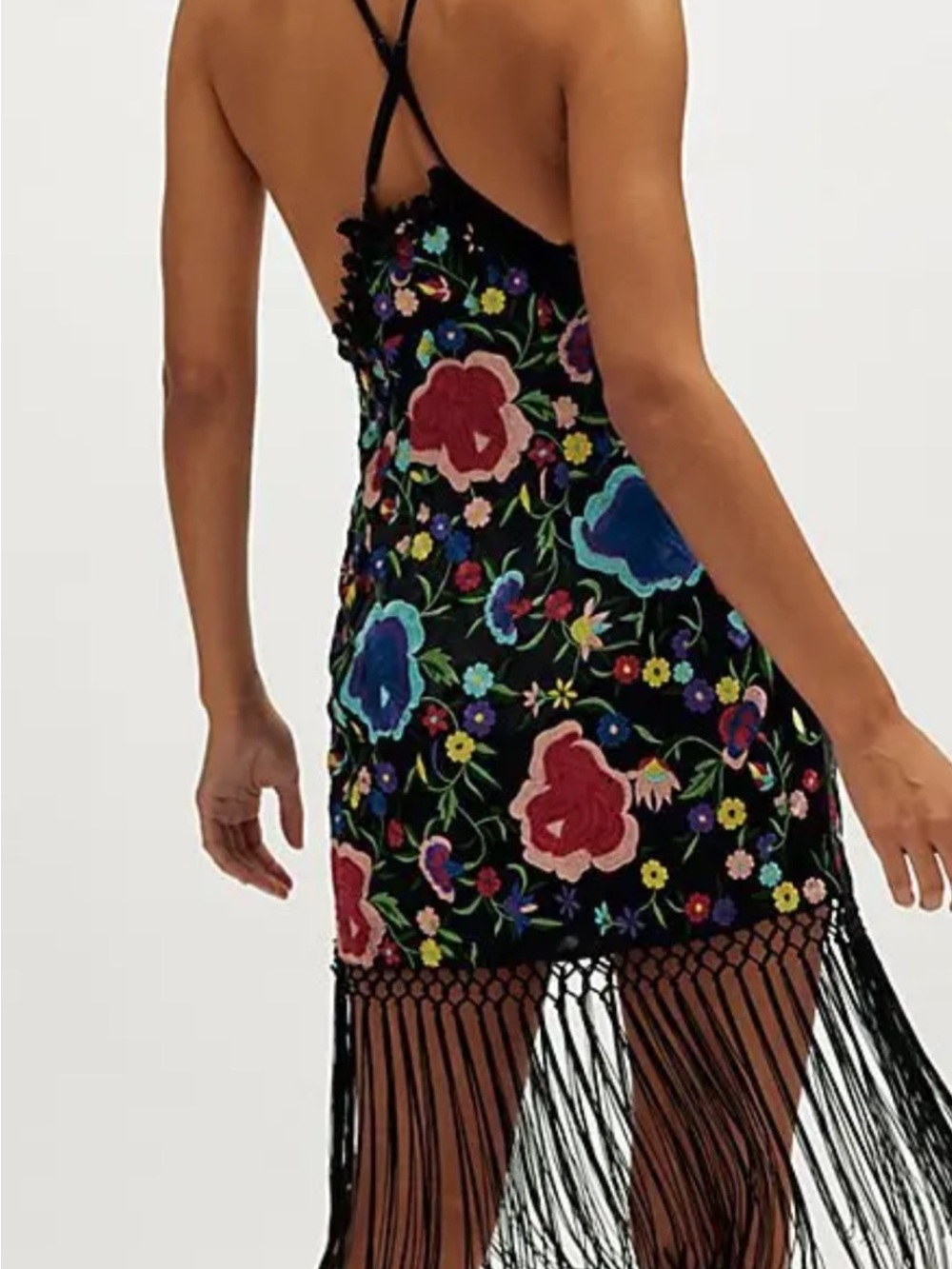 Free People Black Lover Mini dress Floral Halter Fringe Mini Dress